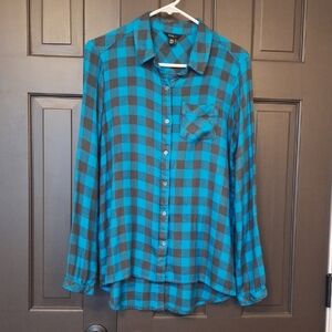 Petite Medium Turquoise/Teal and Brown Button down Shirt.